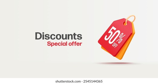 Discounts up to 50 percent. 3D price tags with a discount for the concepts of promotional offers, and sale of seasonal goods. Advertising and marketing. Vector illustration.