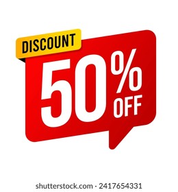 Discounts 50 percent off. Red and yellow template on white background. Vector illustration