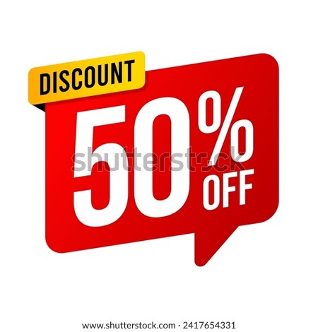 Discounts 50 percent off. Red and yellow template on white background. Vector illustration