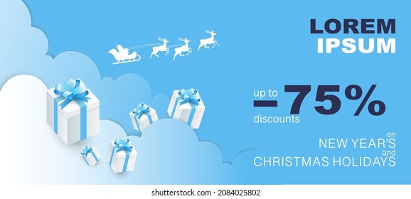 Discounts up to -75% on NEW YEAR'S and CHRISTMAS HOLIDAYS winter sale, special offer, Banner. Santa Claus with deer. Postcard, gifts, box, toys on layered paper on a blue background. Cut out of paper