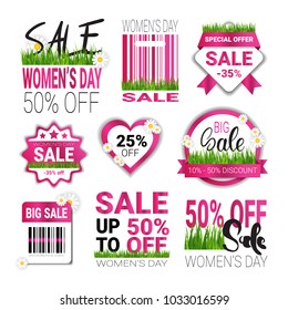 Descuentos Para El 8 De Marzo Las Etiquetas Fijan Plantilla Día Internacional De La Mujer Insignias De Venta Colección Etiqueta De Promoción Vector Aislado Ilustración