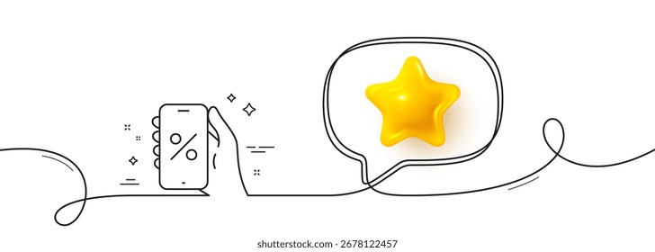 Icono de línea de App de descuentos. Línea continua con estrella 3D. Muestra de oferta de venta. Símbolo del Precio de la promoción del teléfono. Estrella 3D en la burbuja del discurso. App de descuentos de una sola línea de cinta. Patrón de curva de bucle. Vector