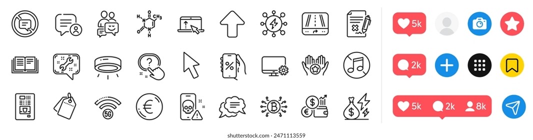 Discounts app, Upload and Bitcoin system line icons pack. Social media icons. Swipe up, Cursor, Currency rate web icon. Cyber attack, Spanner, Question button pictogram. Vector
