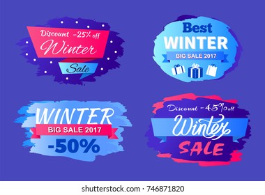 Discounts best winter big sale 2017 special offer -45% 50% vector seasonal labels with info about price reduction stickers with gifts and snowballs