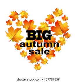 Discounts. Big autumn sale. Advertising on the background of yellow leaves in the form of heart. Vector illustration