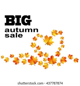 Discounts. Big autumn sale. Advertising on the background of autumn leaves in the form of heart. Vector illustration