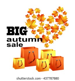 Discounts. Big autumn sale. Colored bags on the background of yellow leaves in the form of heart. Vector illustration