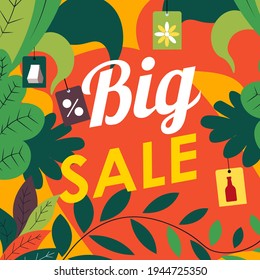 Discounts and big autumn and spring sale, marketing and promotion for clients and customers of shops and stores. Reduction of price, clearance and exclusive retail offering. Vector in flat style