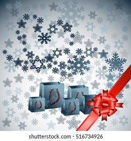 Discounts. Big sale. Colored bags on the background of snowflakes in the form of heart. Winter snowflake mandala poster for the New Year, Christmas. Vector illustration