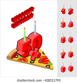 Discounts for birthday when buying pizza. Candles and figures for sales. Reducing cost of fast food on day of birth. Pizza and set of isometric numeral
