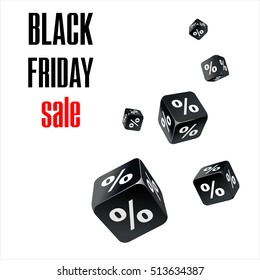 Discounts. Black friday sale. Black dice with white signs of percent fall on a white background. Vector illustration
