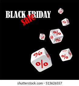 Discounts. Black friday sale. White dice with red signs of percent fall on a black background. 