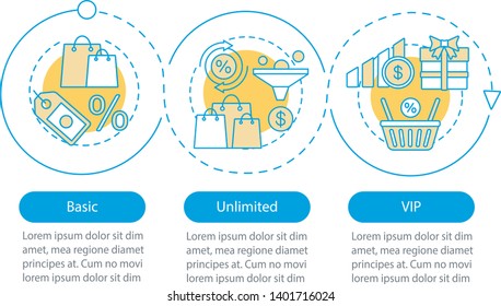 Discounts & bonuses subscription vector infographic template. VIP tariff. Business presentation design elements. Data visualization, three step, option. Process timeline chart. Workflow layout, icons