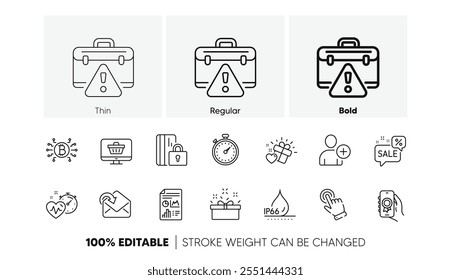 Descuentos burbuja, documento de informe e iconos de línea a prueba de agua. Paquete de temporizador, agregar usuario, icono del sistema Bitcoin. Tienda del Web, regalo del amor, pictograma de la caja presente. Recibir correo, App del premio, Cursor. Vector