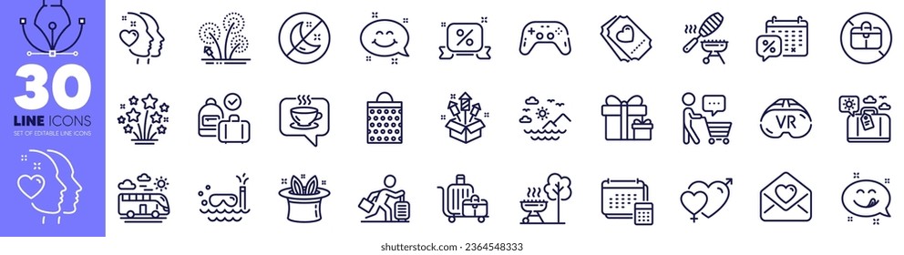 Discounts calendar, Sea mountains and Travel delay line icons pack. Discounts ribbon, Hat-trick, Fireworks web icon. Fireworks rocket, Smile chat, Baggage cart pictogram. Gamepad. Vector