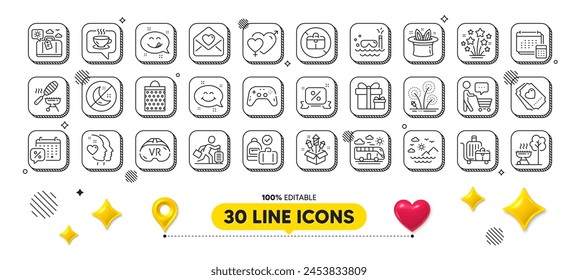 Discounts calendar, Sea mountains and Travel delay line icons pack. 3d design elements. Discounts ribbon, Hat-trick, Fireworks web icon. Fireworks rocket, Smile chat, Baggage cart pictogram. Vector