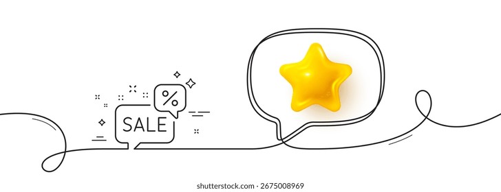 Descuentos icono de línea de burbuja de chat. Línea continua con estrella 3D. Muestra de oferta de venta. Símbolo de Precio de promoción. Estrella 3D en la burbuja del discurso. Descuentos de la burbuja de una sola línea de cinta. Patrón de curva de bucle. Vector