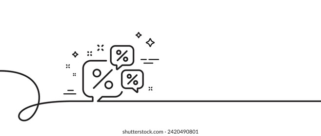 Discounts chat bubbles line icon. Continuous one line with curl. Sale offer sign. Promotion price symbol. Discounts chat single outline ribbon. Loop curve pattern. Vector