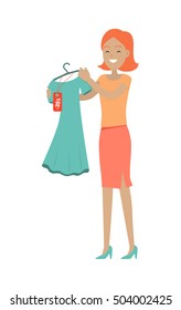 Discounts in clothing store concept. Smiling woman standing with dress bought on sale flat vector illustration isolated on white background. Shopping on holiday sellout. For shop promotions ad