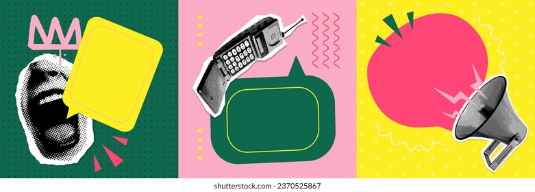 Se han establecido los banners de estilo y2k de collage. Elementos de doodle y pegatinas de color medio en afiche retro. La publicidad moderna y elegante cubre el diseño con la boca, el teléfono celular y el altavoz. Diseño de vectores