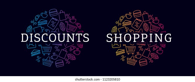discounts concept, textured circles with pattern of various shopping goods, linear gradient graphic on dark background with text