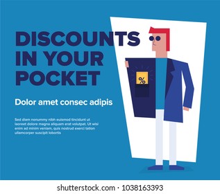 Discounts Concept. Vector illustration of man with discount card in pocket. Discounts in Pocket Design Template