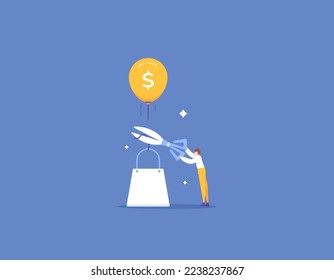 discounts. cut prices or reduce shopping costs. the concept of using promos to get a discount. A customer cuts a balloon's string using scissors. illustration concept design. vector elements