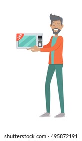 Discounts in electronics store concept. Smiling man standing with microwave bought on sale flat vector illustration on white background. Shopping on home appliances sellout. For shop promotions ad