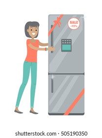 Discounts in electronics store concept. Smiling woman standing with refrigerator bought on sale flat vector illustration on white background. Shopping on appliances sellout. For shop promotions ad