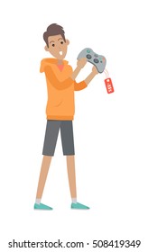 Discounts in electronics store concept. Smiling man standing with joystick bought on sale flat vector illustration isolated on white background. Shopping on holiday sellout. For shop promotions ad