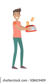 Discounts in electronics store concept. Smiling man standing with toaster bought on sale flat vector illustration isolated on white background. Shopping on holiday sellout. For shop promotions ad