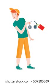 Discounts in electronics store concept. Smiling man standing with headphone bought on big sale flat vector illustration on white background. Shopping on home appliances sellout. For shop promotions ad