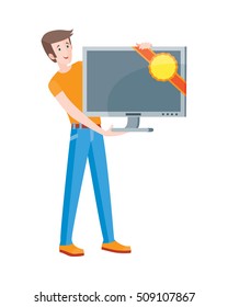 Discounts in electronics store concept. Smiling man standing with TV-set bought on big sale flat vector illustration on white background. Shopping on home appliances sellout. For shop promotions ad
