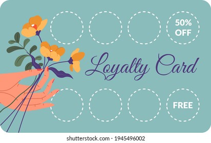 Discounts And Free Products For Using Loyalty Card In Shop Or Store. Bonus And Sales, Reduction Of Price And Coupons For Loyal Clients And Customers. Hand Holding Flowers. Vector In Flat Style