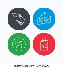 Discounts, gift bag and sale coupon icons. For rent linear sign. Linear icons on colored buttons. Flat web symbols. Vector