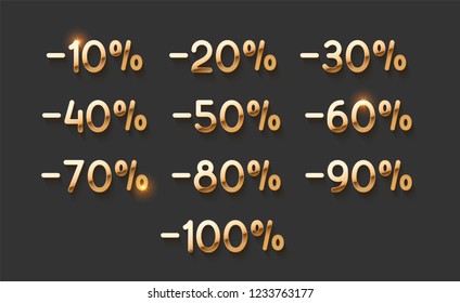 Discounts gold numbers. Elements design sale golden sign. Percentage 10%, 20, 30, 40, 50, 60, 70, 80, 90, 100. From ten to one hundred