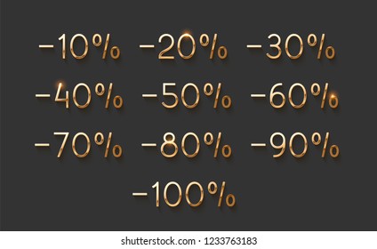 Descuento de números de oro. Los elementos diseñan la venta del signo dorado. Porcentaje 10%, 20, 30, 40, 50, 60, 70, 80, 90, 100. De diez a cien