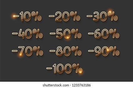 Discounts gold numbers. Elements design sale golden sign. Percentage 10%, 20, 30, 40, 50, 60, 70, 80, 90, 100. From ten to one hundred