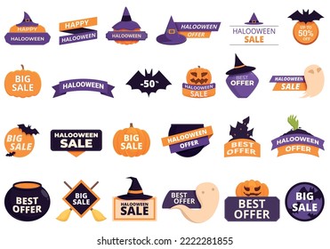 Discounts for Halloween icons set cartoon vector. Happy sale. Pumpkin party