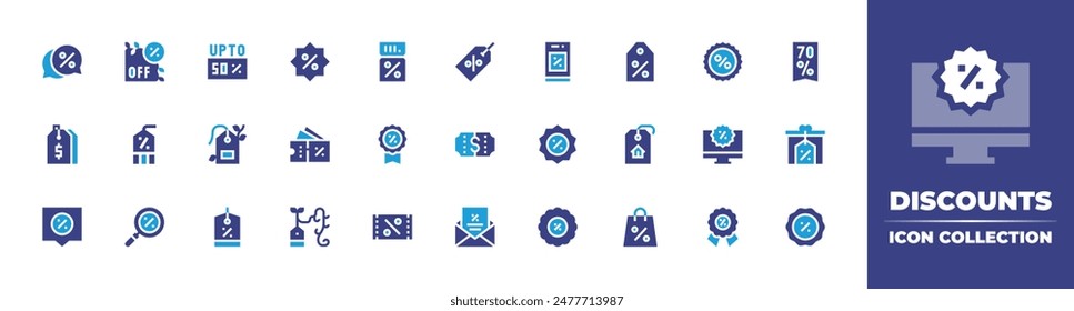 Discounts icon collection. Duotone color. Vector illustration. Containing discountticket, discount, discountbadge, discounttag, discountvoucher, label, search, sale.