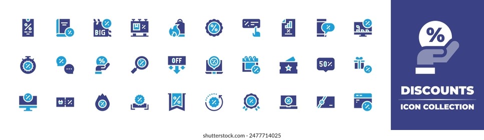 Discounts icon collection. Duotone color. Vector illustration. Containing discount, savemoney, billboard, search, stopwatch, sale, computer, voucher, time, hotsale, laptop.