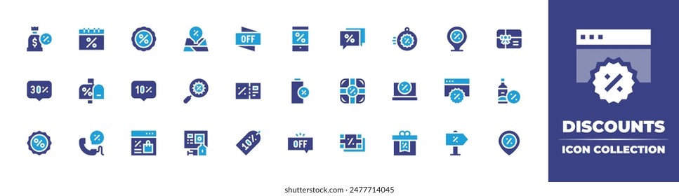 Colección de iconos de descuentos. Color duotono. Ilustración vectorial. Conteniendo descuento, letrero, venta, ayuda, búsqueda, oferta, gopro, portátil, batería, caja de regalo.