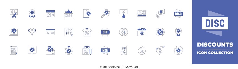 Discounts icon collection. Duotone style line stroke and bold. Vector illustration. Containing discountballoons, discount, voucher, laptop, envelope, poster, shirt, timer, shoppingbag.