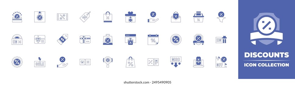 Discounts icon collection. Duotone style line stroke and bold. Vector illustration. Containing discountvoucher, discount, sale, giftcard, shoppingbag, box, calendar, onlineshopping, giftbox.