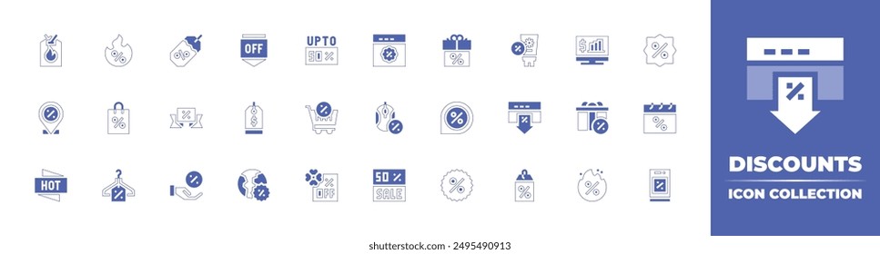 Discounts icon collection. Duotone style line stroke and bold. Vector illustration. Containing discount, sale, world, computermouse, badge, fire, tag, shoppingbag, onlinesale, placeholder.