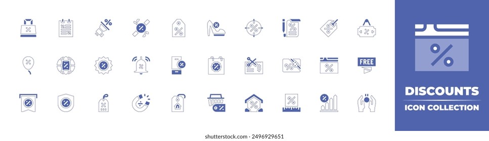 Discounts icon collection. Duotone style line stroke and bold. Vector illustration. Containing discount, label, bag, sales, notificationbell, highheels, calendar, smartphone, megaphone, balloon.