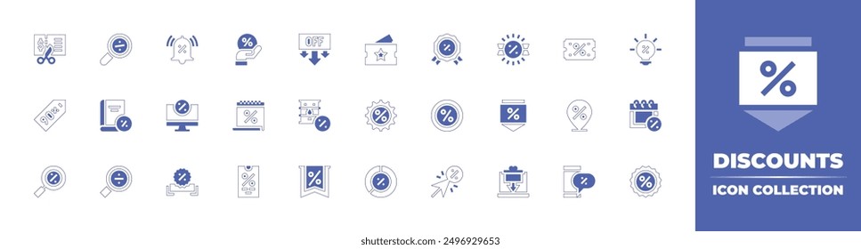 Discounts icon collection. Duotone style line stroke and bold. Vector illustration. Containing discount, savemoney, badge, voucher, location, idea, label, computer, calendar, oil, bell, search.