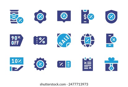 Discounts icon set. Duotone color. Vector illustration. Containing discount, sale, coupon, sales, smartphone, membership, shield, offer, giftbox, beercan.