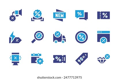 Discounts icon set. Duotone color. Vector illustration. Containing discount, sticker, flashsale, promotion, megaphone, shipping, voucher, magnifyingglass.