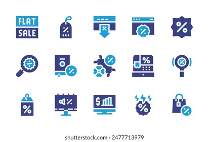 Conjunto de iconos de descuentos. Color duotono. Ilustración vectorial. Conteniendo descuento, descuento, flatsale, caja registradora, flashsale, valla publicitaria, Web, etiqueta, venta en línea, búsqueda.